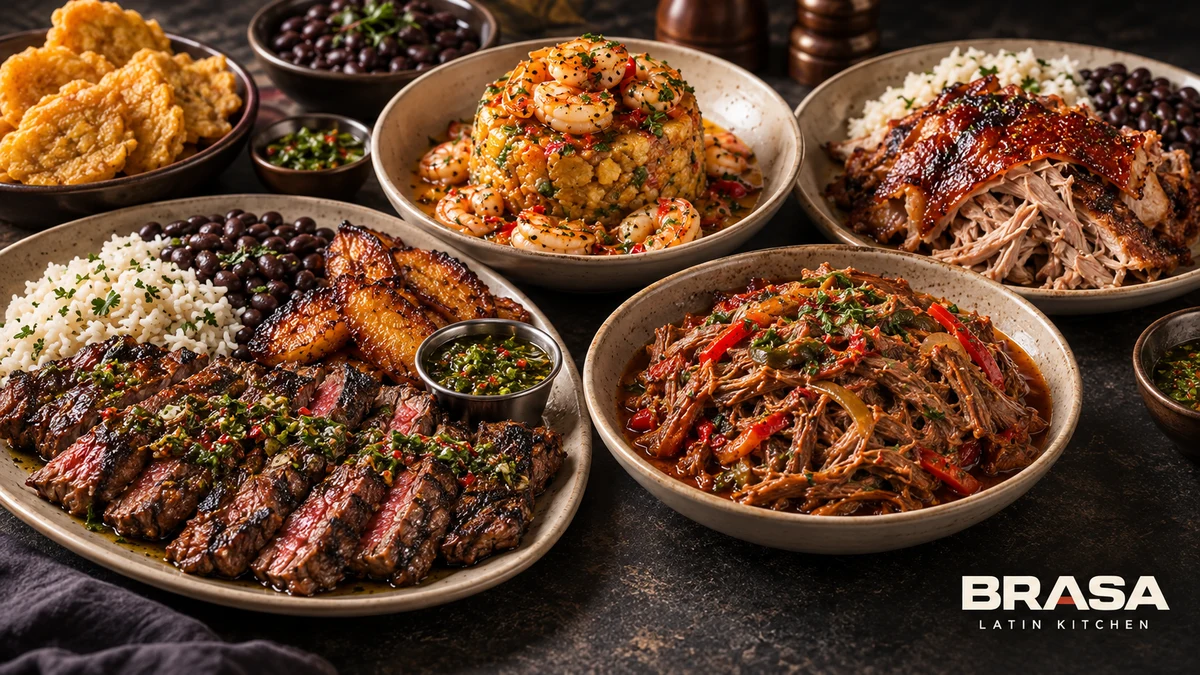 A Caribbean-Latin spread of grilled meats, plantains, rice, beans and seafood