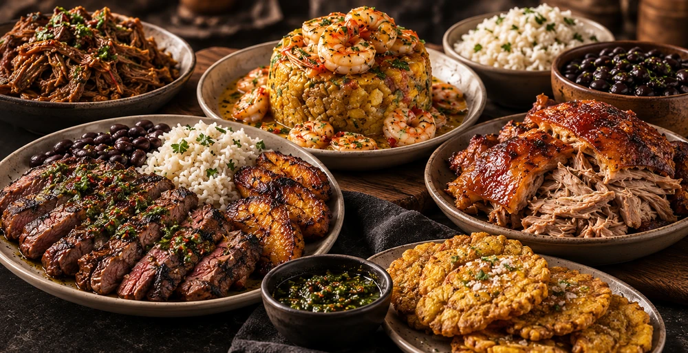 Slow-cooked meats, seafood, rice, beans and plantains gathered around the BRASA table