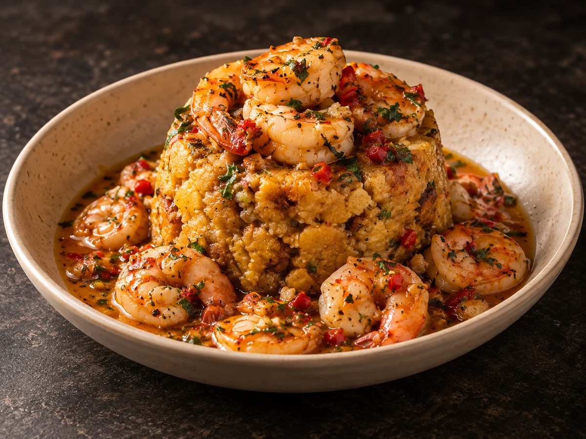 A first look at BRASA's flavours: golden plantain mofongo with garlic butter shrimp