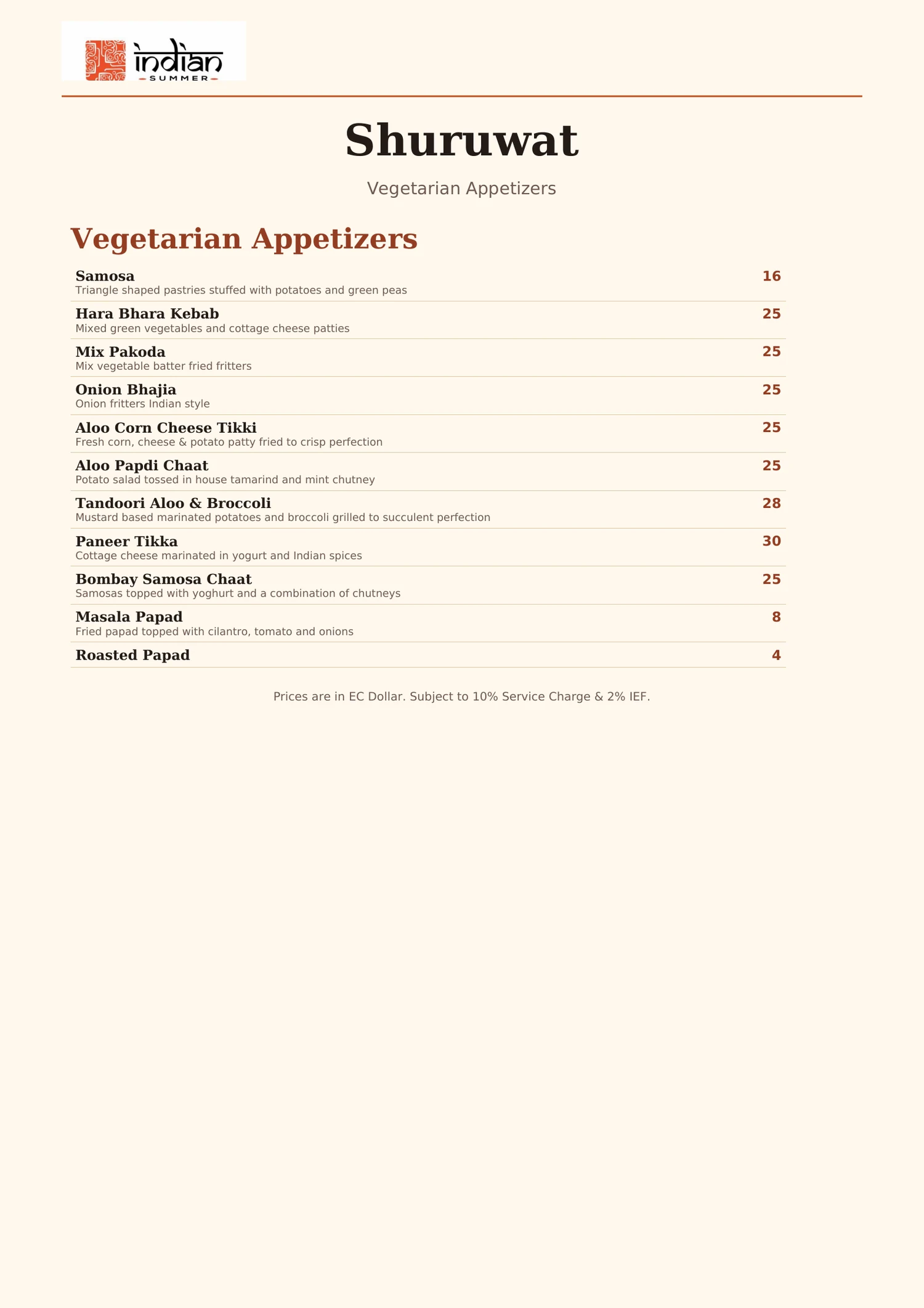 Indian Summer menu page 1