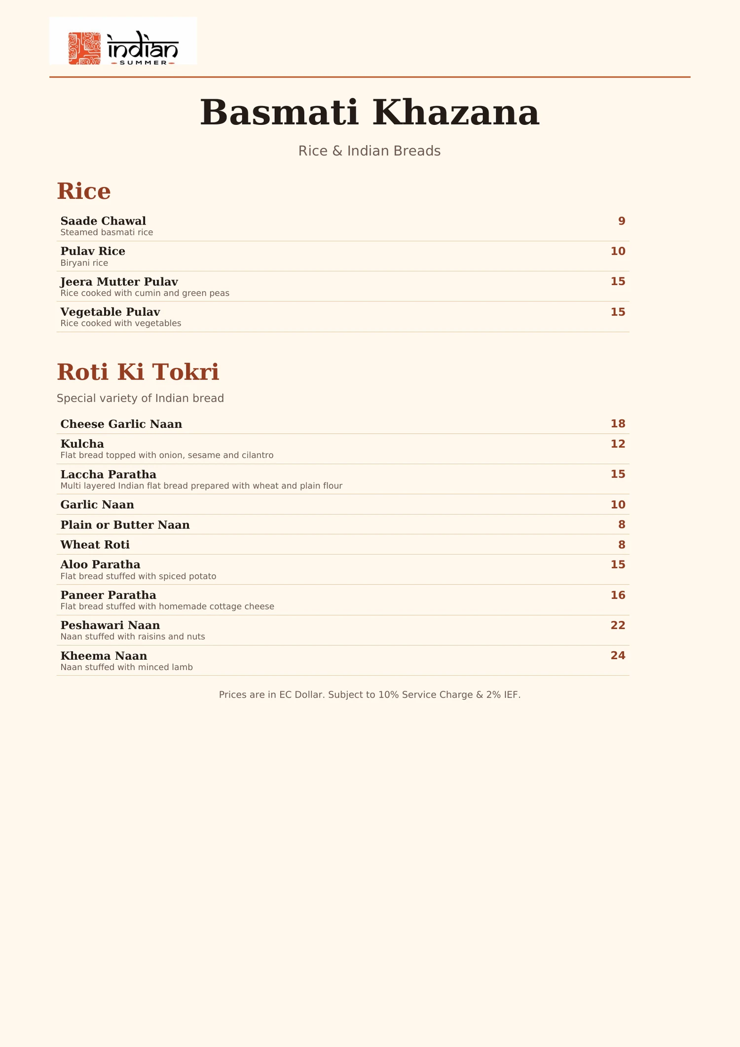 Indian Summer menu page 8