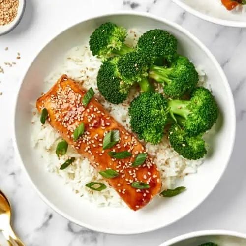 Grilled salmon teriyaki bowl with rice and broccoli
